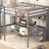 Full Size Loft Bed with Desk, Cabinets, Drawers and Bedside Tray, Charging Station, Gray